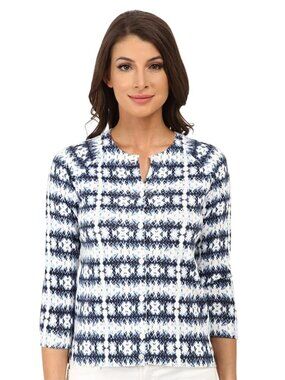 Pendleton Cotton Indigo Batik Knit Button 3/4 Sleeve Cardigan Sweater, Large